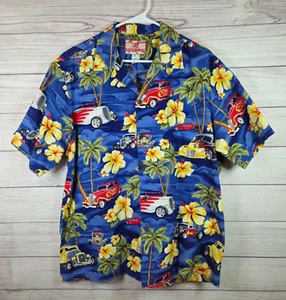 Men's RJC Hawaiian Shirt Hot Rod Cars Flames Floral Palm Trees Retro Size XL - Picture 1 of 7