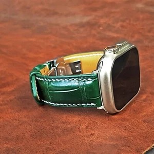 Green Leather Apple Watch Ultra Bands, Apple Watch 49mm Leather Band Replacement - Picture 1 of 9