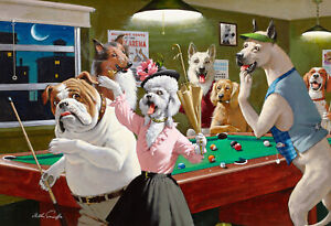 Arthur Sarnoff - Scratch at Dawn, Dogs Playing Pool 1960s Signed - 17"x22" Print