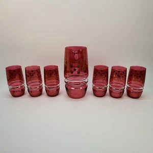 Vintage Cranberry Glass 7 Piece Pitcher Water Jug and 6 Matching Glasses - Picture 1 of 16