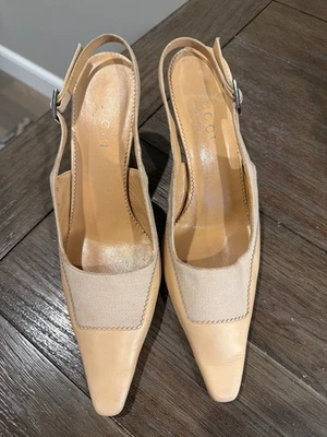 GUCCI Vintage Beige Leather Canvas Sling Back Heels Pumps Women’s 8 B - Image 1 of 4