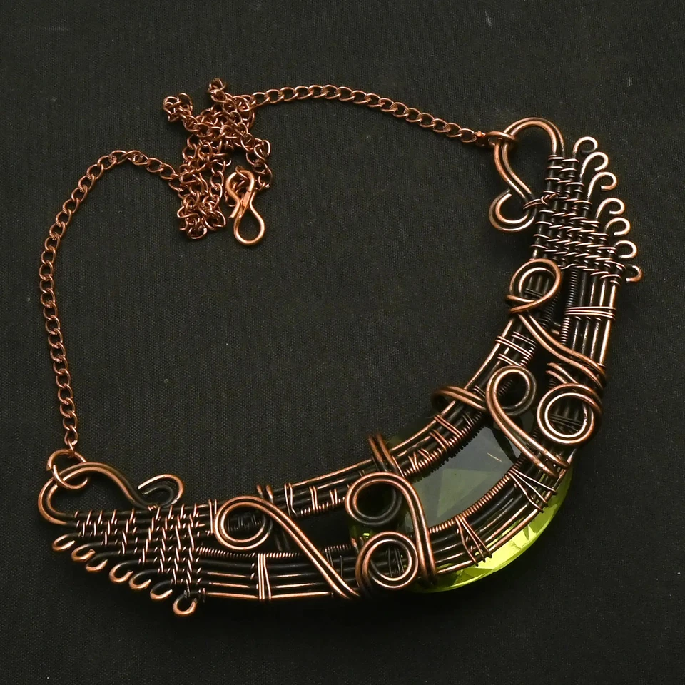 Peridot Gemstone Ethnic Handmade Copper Wire Necklace Jewelry 34 Gms AN 12495 - Image 1 of 1