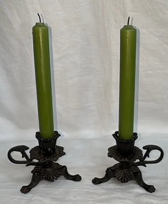 2 Antique Three Claw Foot Base Black Cast Iron Candle Holders Gothic - Image 1 of 4