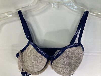 Bebe Beige and Blue Underwire Padded Logo Women's Bra 30A - Image 1 of 4