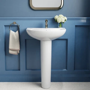 Compact White Ceramic Pedestal Sink, 20" X 17" Inch Bathroom Sink With Overflow - Picture 1 of 11