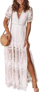 Eleter Women's Lace Romper Deep V-Neck Short Sleeve Long Dress Wedding Boho - Picture 1 of 8
