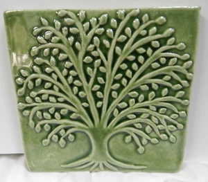 LARGE GREEN GLAZED TREE OF LIFE CERAMIC HANDMADE EMU TILES, KENT OHIO 6" X 6" - Picture 1 of 7