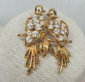 Broche vintage Love Birds broche figurine 2" ton or strass transparents Saint Valentin - Photo 1/11