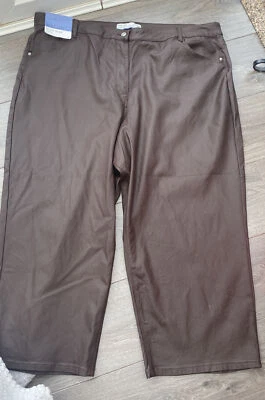 NEXT SIZE UK 26 R CHOCOLATE BROWN FAUX LEATHER WIDE LEG HIGH RISE CROP TROUSERS - Image 1 of 4