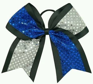 8" Blue, Black, Silver Sequins, Big Cheer Bows, Softball Cheerleading LA Dodgers - Picture 1 of 4