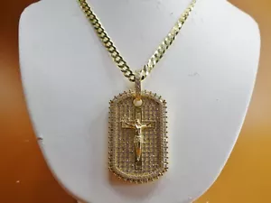 14K YELLOW GOLD COLOR CHAIN AND GOG TAG JESUS PENDANT OVER 925 STERLING SILVER - Picture 1 of 7
