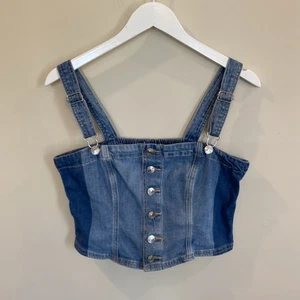 American Eagle Denim Button Down Cropped Tank Top Womens Large Overall Straps - Picture 1 of 6