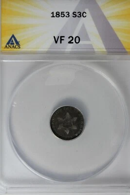1853 .03 ANACS  VF 20  STAR AND SHIELD three cent (3c) piece, Trime - Image 1 of 2