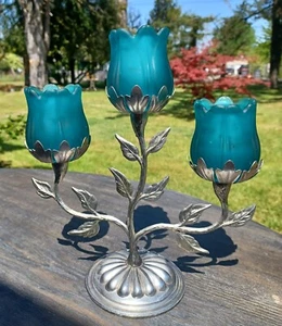 Blue Tulip Candle Holder Triple Votive Candlesticks 1960s - Picture 1 of 6