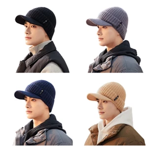 Knitted Winter Warm Men Visor Wide Brim Hat Casual Beanies Head Wrap Cover Cap - Picture 1 of 16