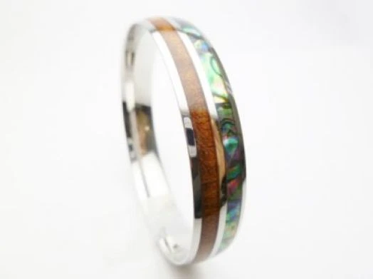 12mm Hawaiian Koa Wood & Abalone Shell Stainless Steel Bracelet Bangle #22554-12 - Image 1 of 1