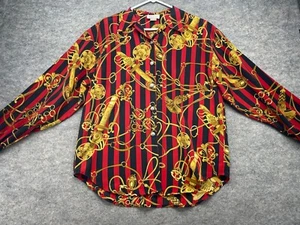 Affinity Shirt Size Large? Vintage USA Red Black Gold Equestrian Silky Button Up - Picture 1 of 14