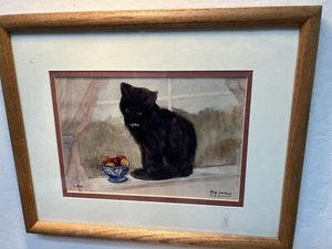 Limited Edition Framed Print 3/300 Of Small Black Cat W/ Fruit By Betty Graubarb - Picture 1 of 6