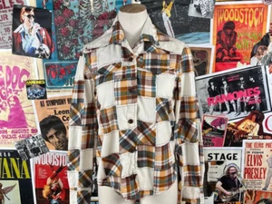 Vtg 70s Khaki Patchwork Plaid Linen Disco Blouse Rockabilly Western Shirt PXS - Picture 1 of 2