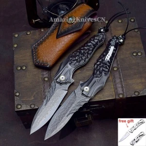 Coltello tascabile sopravvivenza caccia damascato VG10 pinna cuscinetti a sfera ebano con fodero - Foto 1 di 18