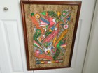 Bright Mexico BIRD LEAF FLOWER BARK cork painting framed 19.5"x28"