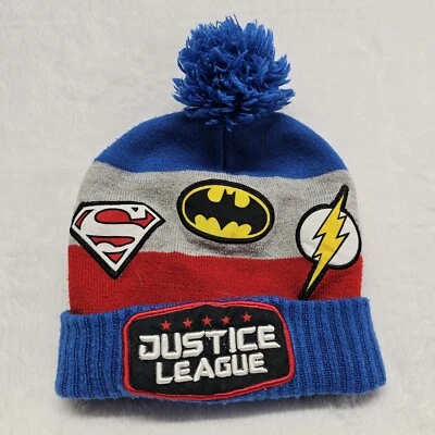 DC Comics Justice League Beanie Kids Youth Blue Grey Red Pom Toboggan Knit Hat - Image 1 of 4
