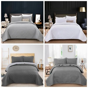 White/Grey Bedspread Coverlet Set Queen King Size Quilted Throw Rug Bedding Set - Picture 1 of 30