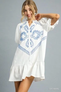 Umgee Women's Embroidered Puff Sleeve Babydoll Mini Dress - Picture 1 of 5