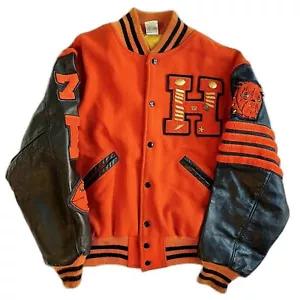VTG Varsity Letter Jacket Leather Sleeves Orange Black Bulldog 70's Kaye Bros. - Picture 1 of 12