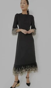 Pomander Place Tuckernuck Women's Medium Black Lillith Gold Lace Midi Dress NWT - Picture 1 of 8