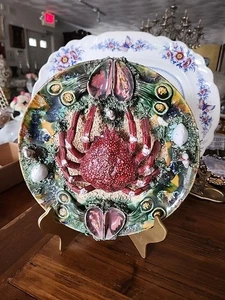 Majolica 12.5" 20th Century Palissy Crab Charger Wall Hanging Plate - Picture 1 of 12