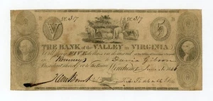 1846 $5 The Bank of the Valley in Virginia - Winchester, VIRGINIA (CTFT.) Note - Picture 1 of 2