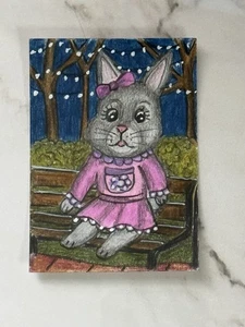 Aceo Original Art Trading Card, Sweet small bunny on bench, Art By Sommer Rayn - Picture 1 of 3