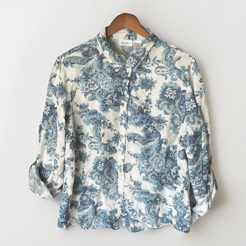 Liz & Co Top Womens Sz 2X White Blue Linen Blend Paisley Button Up Shirt Coastal - Image 1 of 4