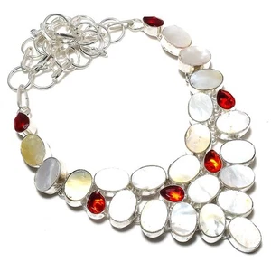 Mother Of Pearl, Garnet Gemstone 925 Sterling Silver Jewelry Necklace 18" - Picture 1 of 7