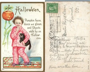 ANTIGUA POSTAL DE HALLOWEEN EN RELIEVE DE 1915 - JACK-O-LANTERN GATO NEGRO NIÑO ASUSTADO - Imagen 1 de 1