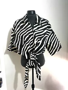H&M Schwarz Weiß Zebra Vorne zu Binden Übergröße Kurzärmelige Bluse Hemd L 12 14 - Bild 1 von 5