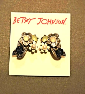 Betsey Johnson Silver Pewter Floral Pearl Crystal Moon Stone Earrings NWT - Picture 1 of 1