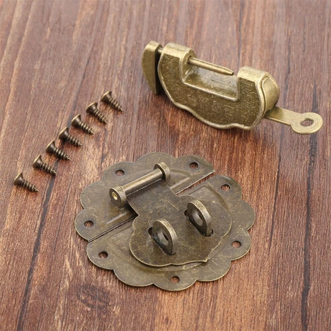 Chinese Old Style Jewelry Box Case Trunk Padlock Lock Key Toggle Latch Clasp Set Cover