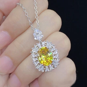 NEW Luxury Women Girls Jewelry Gifts Oval Yellow Peridot Gems Silver Necklaces - Picture 1 of 6