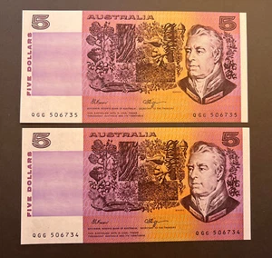 Five Dollars $5 Paper Note Fraser/Higgins R212 1990 UNC consecutive pair - Picture 1 of 2