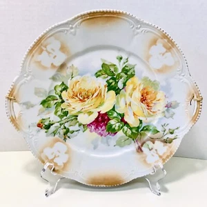 Plato para servir pastel antiguo de porcelana con mango de brillo rosas amarillas de Alemania - Imagen 1 de 12