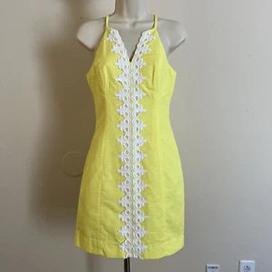 Lilly Pulitzer Pearl Halter Shift Dress Lapis Yellow White Trim Size 0 - Picture 1 of 7