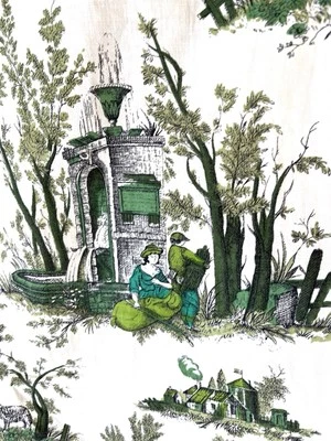 Ancien Rideau Tissu Toile De Jouy Romanex Boussac Vintage French Cotton Fabric - Photo 1/4