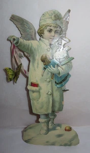 Antiker deutscher geprägter gestanzter Schneebaby-Engel aus dem 19. Jahrhundert ~ Junge hält Spielzeug ~ groß 10 Zoll - Bild 1 von 3