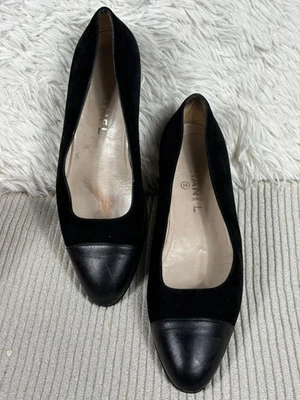 Chanel Shoes Womens Size 40 EU Black Suede Leather Cap Toe Flats Made in Italy - Image 1 of 4