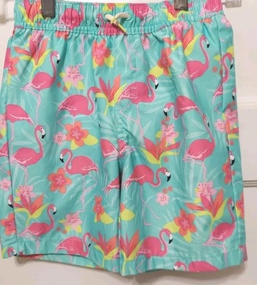Nwots Gymboree Boy's Size 7 Splish Splash Pink And Green Flamingo Bathing Trunks - Image 1 of 4