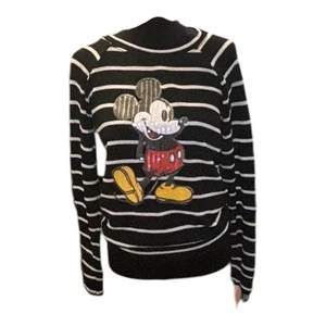 Disney Jerry Leigh schwarz/weiß gestreifter Pailletten Mickey Mouse Pullover. Größe L. - Bild 1 von 10