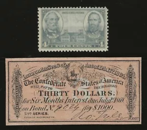 ORIGINAL CIVIL WAR 1864 $30 CONFEDERATE $1000 BOND COUPON + LEE / JACKSON STAMP - Picture 1 of 1