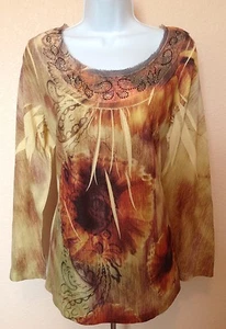 Chicos Yellow Orange Brown Patterned Beaded Neck Long Sleeve Top Size 1 - Picture 1 of 4